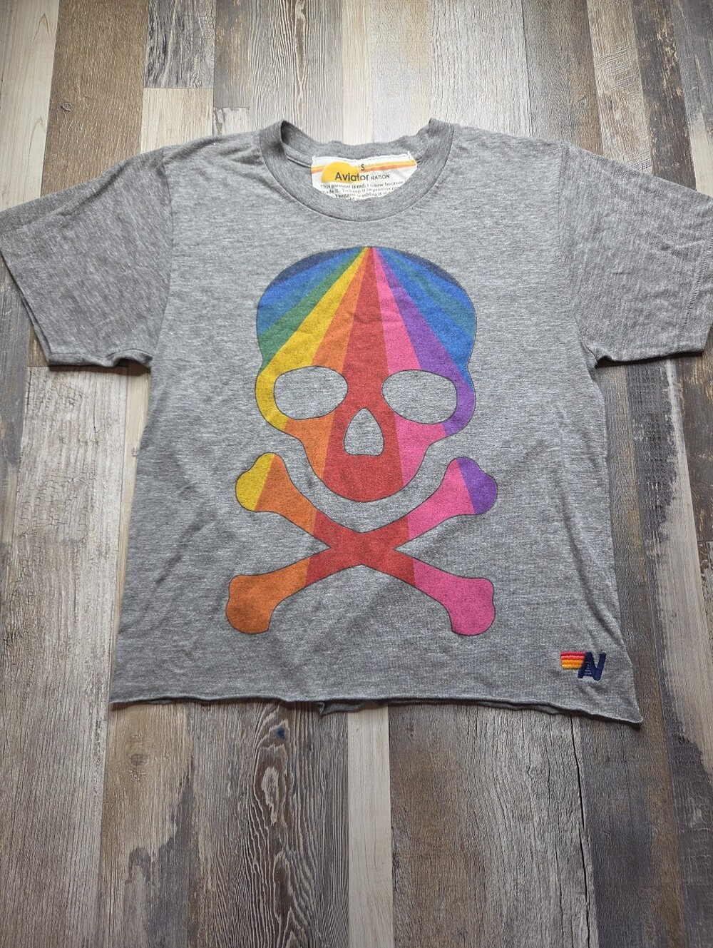 Aviator Nation X SoulCycle Rainbow Skull Tshirt Women's Small Grey